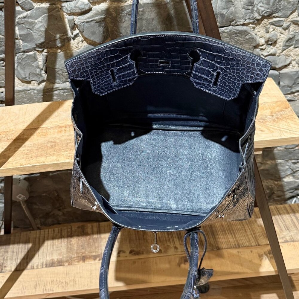 Hermès 2010 Brighton Blue Shiny Porosus Crocodile Birkin 35 Bag - Picture 14 of 16